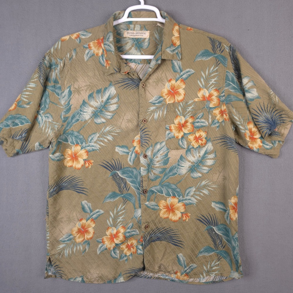 Island Republic Mens XL Silk Hawaiian Shirt Floral Hibiscus Tropical Green Tan